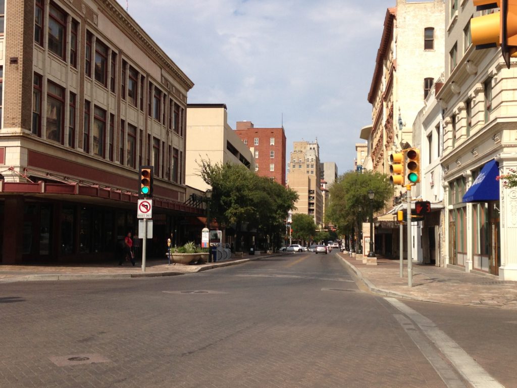 intersection and sidewalks at Alamo Plaza