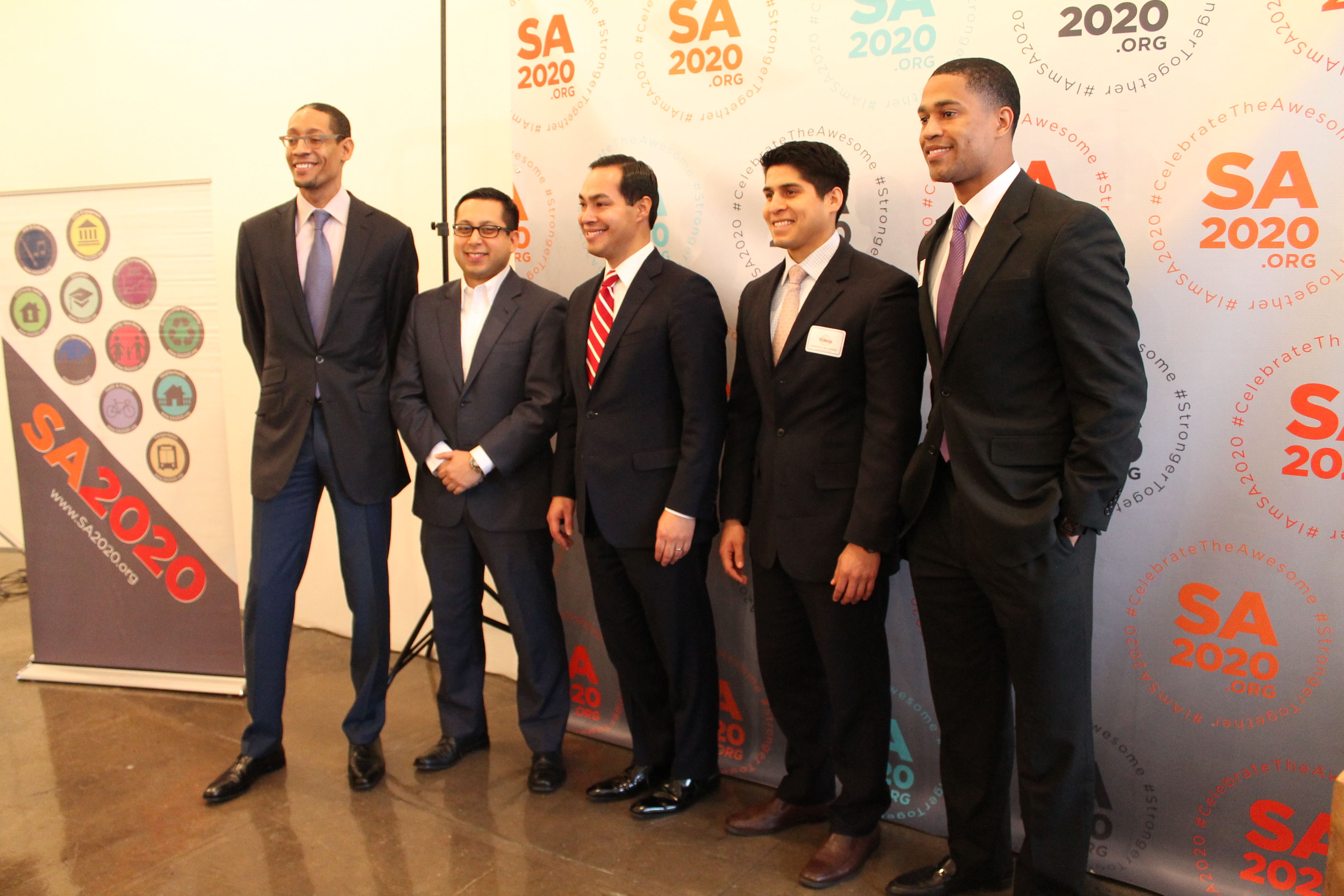 Brandon Logan (right) at the SA2020 Resolutions Press Conference with SA2020 President and CEO Darryl Byrd, as well as fellow Resolutions Leaders (from left): District 1 City Council Representative Diego Bernal, Mayor Julián Castro, and District 4 City Council Rep. Ray Saldaña.