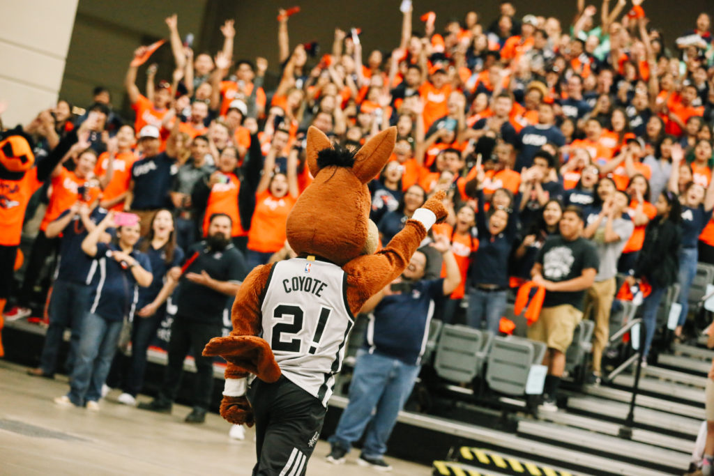 A crowd of students reacts to a performance by the Spurs Coyote, who is pictured from the back, raising a #1 finger in the air