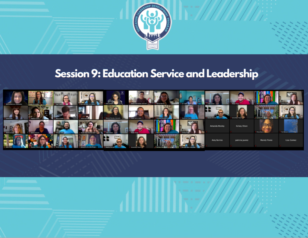 A Zoom screenshot of the Leadership LSAISD Class of 2021. Around the screenshot is a frame with the LSAISD logo and colors and the title Session 9: Education Service and Leadership